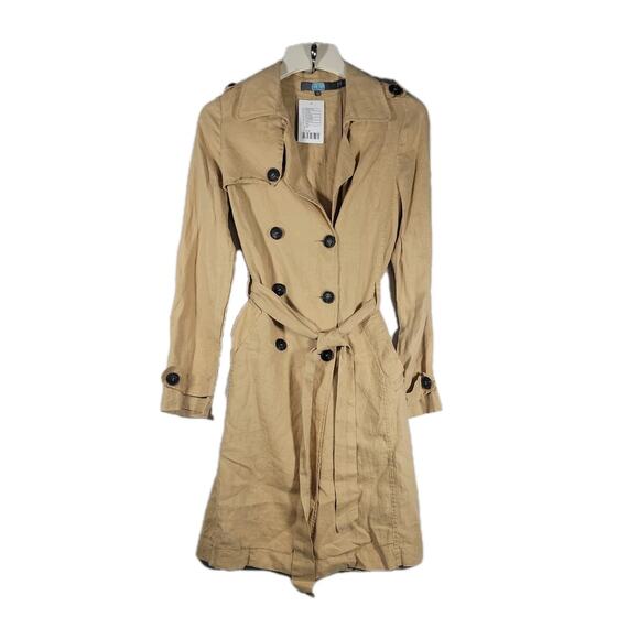 Anthropologie NEW Eva Franco Women's LINEN Beige/Brown Belted Trench Jacket M - Picture 1 of 7